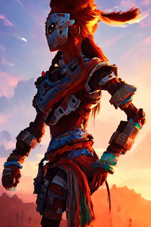 Image similar to combination suit armor aloy horizon forbidden west horizon zero dawn radiating a glowing aura global illumination ray tracing hdr fanart arstation by ian pesty and alena aenami artworks in 4 k tribal robot ninja mask helmet backpack