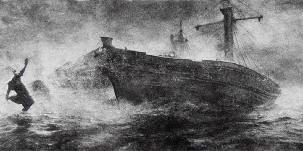 Image similar to a boat being grabbed by a giant underwater hand, 1 9 0 0 s photograph