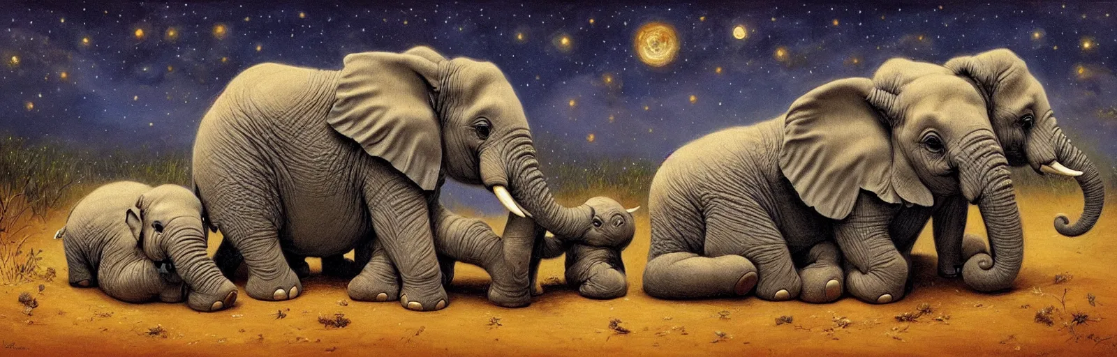 Image similar to a baby elephant sleeping soundly under a starry sky surrounded by savannah, illustration, detailed, smooth, soft, warm, by Adolf Lachman, Shaun Tan, Surrealism