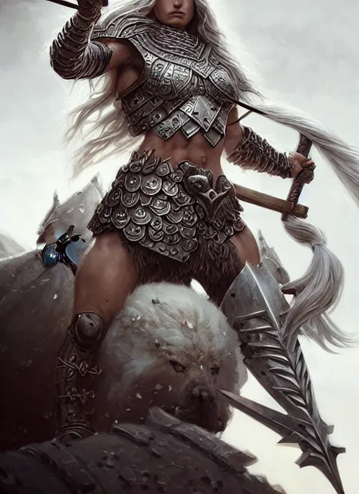 Image similar to barbarian, plated armor!!! long wild white hair!! fully clothed!!! fantasy, d & d, intricate ornate details, digital painting, pretty face!!, symmetry, concept art, sharp focus, illustration, art by artgerm! greg rutkowski magali villeneuve wlop! ilya kuvshinov!!, octane render