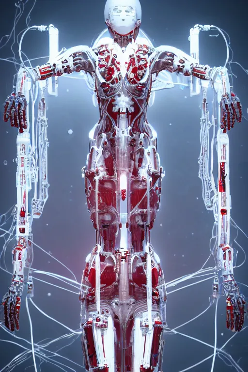 Image similar to space station interior white cross cross inflateble shapes wires tubes veins jellyfish, white biomechanical details a statue jesus on cross made of red marble hands nailed to a cross perfect symmetrical full shot, wearing epic bionic cyborg implants masterpiece, intricate biopunk vogue highly detailed, artstation concept art cyberpunk octane render