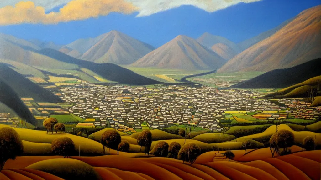 Prompt: Nuclear Nature valley blends with the City of Quito Ecuador; by Oswaldo Moncayo; oil on canvas;