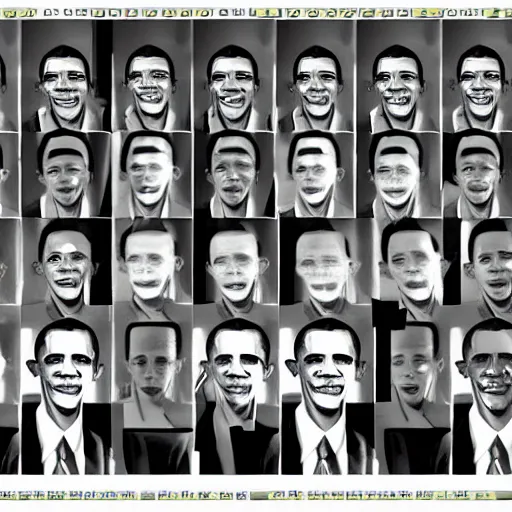 Image similar to CCTV footage of an entire room filled with 50 Barack Obama's staring at the camera, creepy, nightvision, screencapture