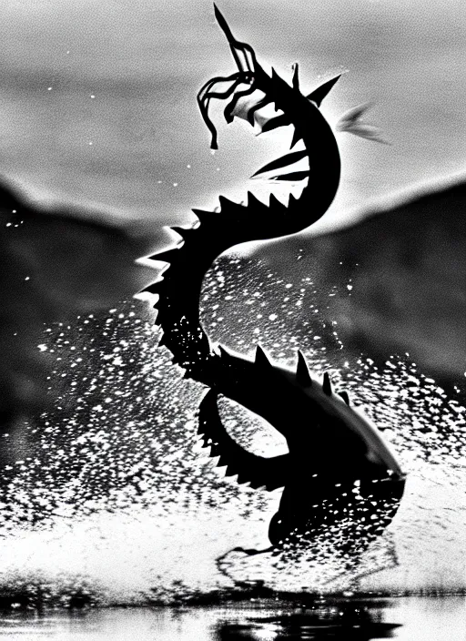 Prompt: a real life gyarados swimming in a lake, proof photograph, black and white, blurry, old camera, grainy, in motion