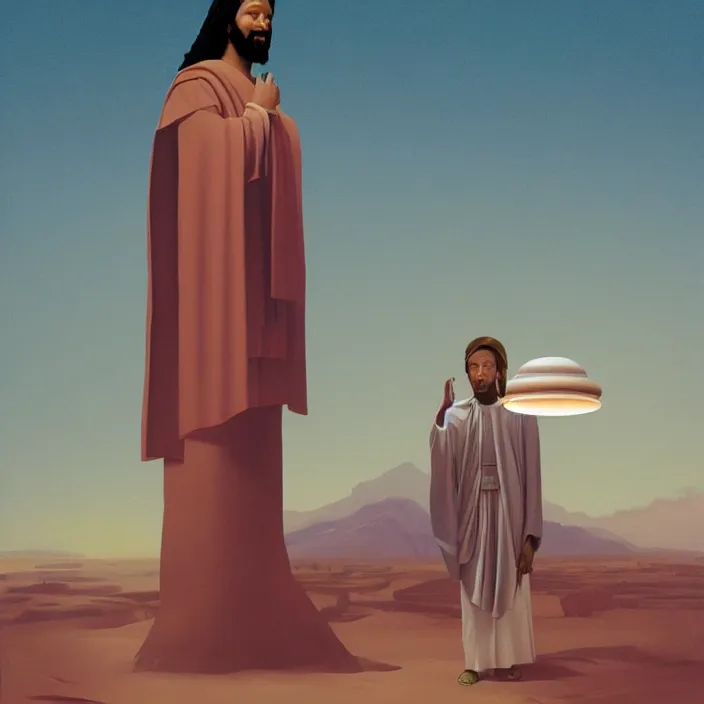 Image similar to UFO hovering over an African Jesus ,painting by Hsiao-Ron Cheng,