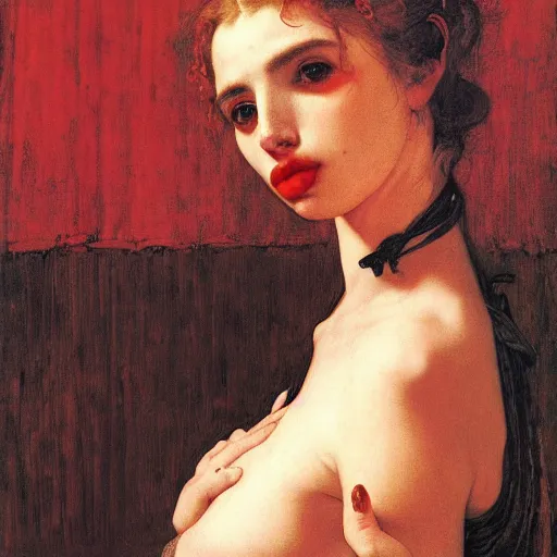 Image similar to emma roberts as a bandit queen, goddes of the vampires, red silk dress, bloodshot eyes by edgar maxence and caravaggio and michael whelan and delacroix