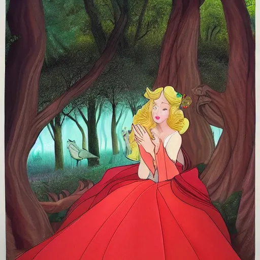 Prompt: A detailed painting of Princess Aurora singing in the woods while animals look on. The colors are light and airy, with a hint of mystery in the shadows. The overall effect is dreamlike and fairy-tale like. warm red, Prada by Leiji Matsumoto control the soul, fantastic