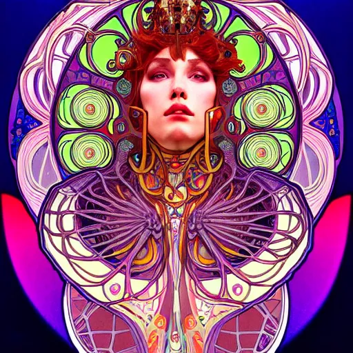 Image similar to extremely psychedelic cyborg queen of lsd. intricate, elegant, highly detailed, extremely lifelike photorealistic digital painting, artstation. alphonse mucha