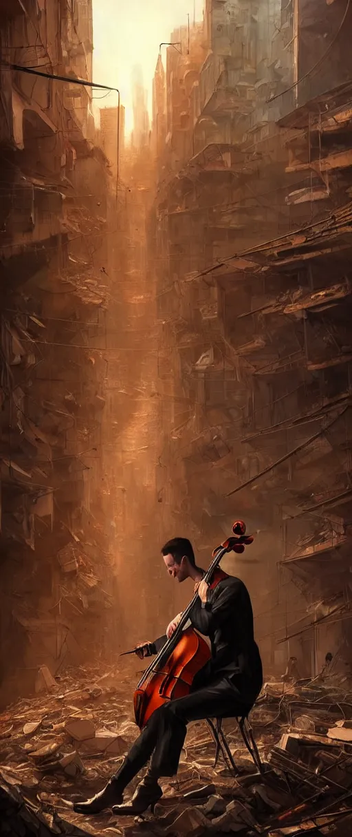 Image similar to a highly detailed portrait of a singular cellist playing in the rubble of a fallen building in a cyberpunk city, beautifully lit, concept art, sharp focus, in the style of steve argyle and edward hopper, artstation HD, artgerm, octane render