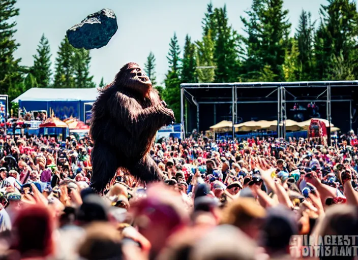 Image similar to photo still of sasquatch on stage at vans warped tour!!!!!!!! at age 4 8 years old 4 8 years of age!!!!!!! throwing rocks and berries at the crowd, 8 k, 8 5 mm f 1. 8, studio lighting, rim light, right side key light