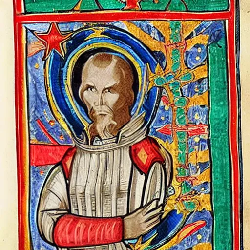 Prompt: a medieval illuminated manuscript about a star trek captain