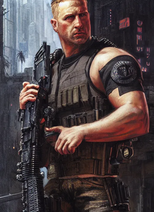 Prompt: duke nukem. cyberpunk mercenary in a military vest ( blade runner 2 0 4 9, cyberpunk 2 0 7 7 ). orientalist portrait by john william waterhouse and james gurney and theodore ralli and nasreddine dinet, oil on canvas. cinematic, hyper realism, realistic proportions, dramatic lighting, high detail 4 k