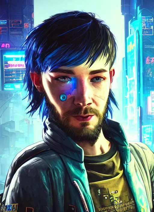 Image similar to portrait of DanTDM as a homeless character in Cyberpunk 2077, looking at camera, intricate, dystopian, sci-fi, extremely detailed, digital painting, artstation, concept art, smooth, sharp focus, illustration, intimidating lighting, incredible art by artgerm and greg rutkowski and alphonse mucha and simon stalenhag