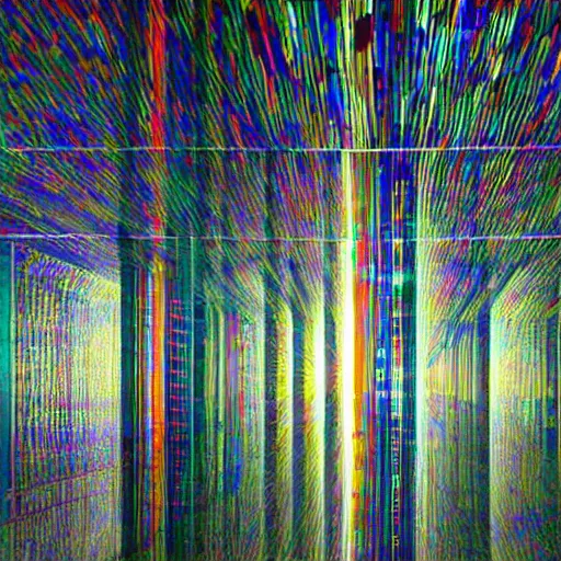 Prompt: a beautiful collage. the prison walls are glass. there is a sun far above, almost like the real one but not quite right, paler. millions of glass - walled, glass floored cells stretch to infinity around me. the light filters through the transparent surfaces and makes rainbow colours on the floor. bauhaus, in the swamp by gabriele munter sinister, dull