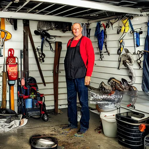 Image similar to mollusk man, posing in his garage, detailed photo