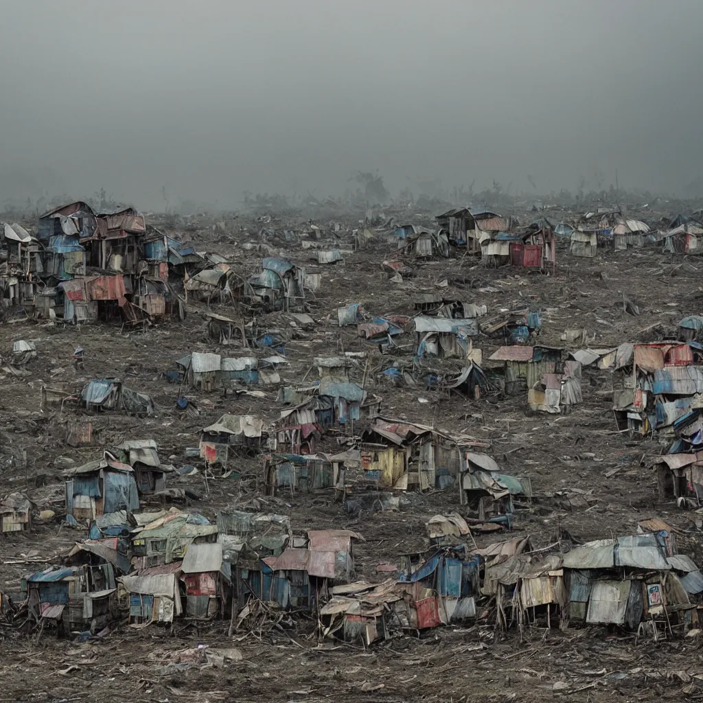 Image similar to two towers, made up of makeshift squatter shacks with faded colours in philippines, moody cloudy sky, uneven fog, dystopia, mamiya, f 1 1, fully frontal view, photographed by jeanette hagglund