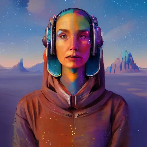 Image similar to colorful character portrait a woman in the desert at night, among the stars, set in the future 2 1 5 0, highly detailed face, very intricate, symmetrical, cinematic lighting, award - winning, painted by mandy jurgens, pan futurism, dystopian, bold colors, cyberpunk, groovy vibe, anime aesthetic, featured on artstation