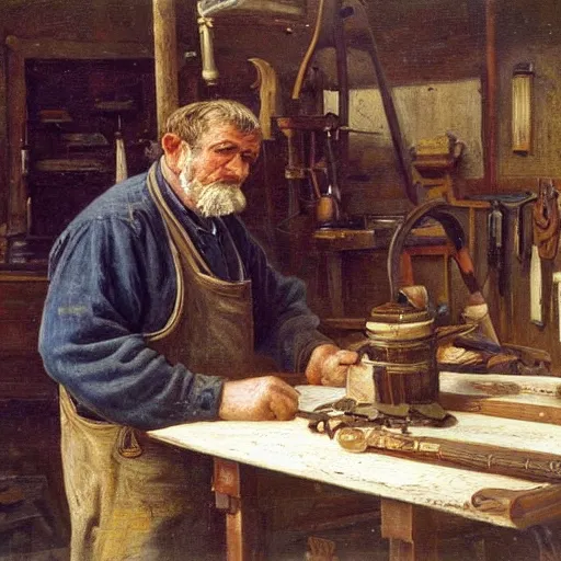 Image similar to old boat builder at work in his shop. late 1 9 th century. oil on canvas.