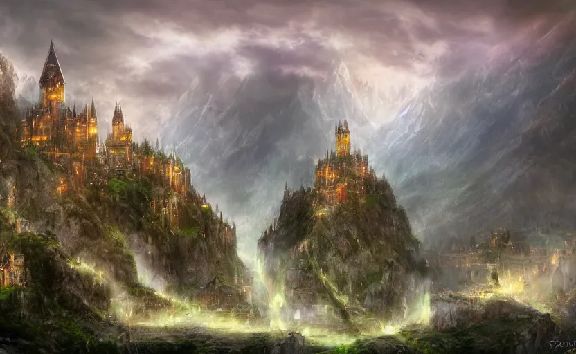 Image similar to beautiful secret city of the elves gondolin on top of a mountain, magical gloomy mystical, under attack. by konstantin razumov, fractal flame, chiaroscuro, highly detailded, mech robot