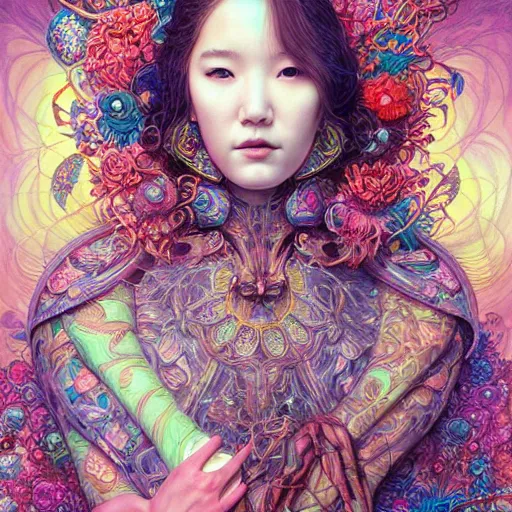 Image similar to portrait of park min young, hyper detailed masterpiece, neon floral pattern, jean giraud, digital art painting, darkwave goth aesthetic, psychedelic, artgerm, donato giancola and tom bagshaw