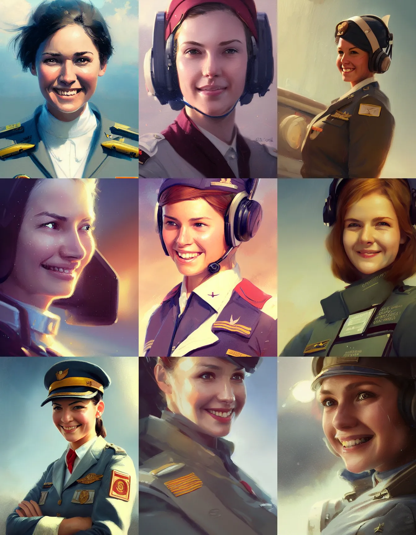 Prompt: young female airline captain, smiling, digital portrait by greg rutkowski, intricate, soft focus, highly detailed, cinematic, epic, artstation