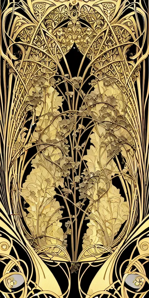 Image similar to the source of future growth dramatic, elaborate emotive Art Nouveau styles to emphasise beauty as a transcendental, seamless pattern, symmetrical, large motifs, hyper realistic, 8k image, 3D, supersharp, Art nouveau curves and swirls, metallic reflective surfaces, glittery iridescent and black colors with gold accents, perfect symmetry, iridescent, High Definition, sci-fi, Octane render in Maya and Houdini, light, shadows, reflections, photorealistic, masterpiece, smooth gradients, high contrast, no blur, sharp focus, photorealistic, insanely detailed and intricate, cinematic lighting, Octane render, epic scene, 8K