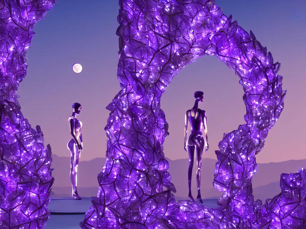 Image similar to beautiful mannequin sculpted out of amethyst by billelis + lit with 3 d geometric neon + facing a doorway opening with neon pink geometric fractal light + flowering hosta plants!!!, moon + city of los angeles in background!! dramatic, rule of thirds, award winning, 4 k, trending on artstation, photorealistic, volumetric lighting, octane render