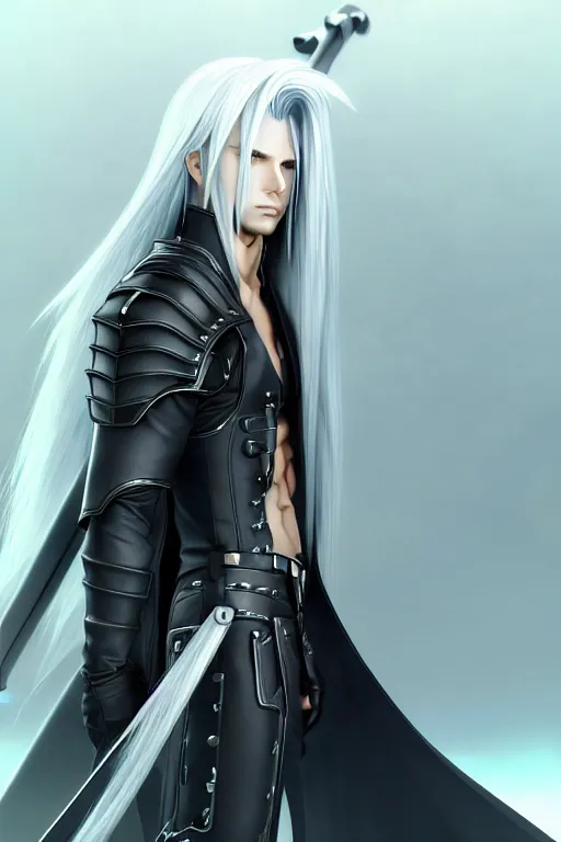 Image similar to sephiroth from final fantasy full view character design, highly detailed, wlop style, artstation, soft light, sharp focus, illustration