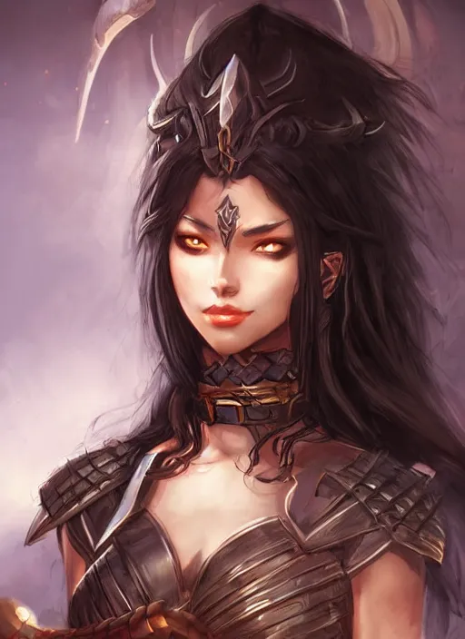 Image similar to beautiful warrior lady, black long hair, practical armor, brown skin, demonic eyes, low fantasy, extremely detailed, sharp focus, smooth, digital illustration, by rossdraws, frank franzzeta, sakimichan