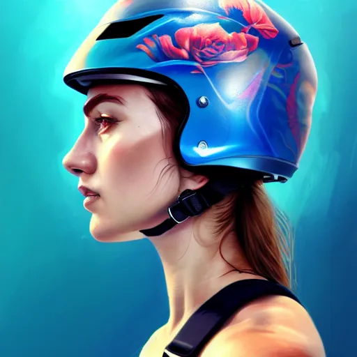 Image similar to profile photo of a girl driver with a helmet and a visor with high detailed tattoos on neck, side profile in underwater, highly detailed, digital painting, artstation, concept art, smooth, sharp focus, illustration by Sandra Chevrier