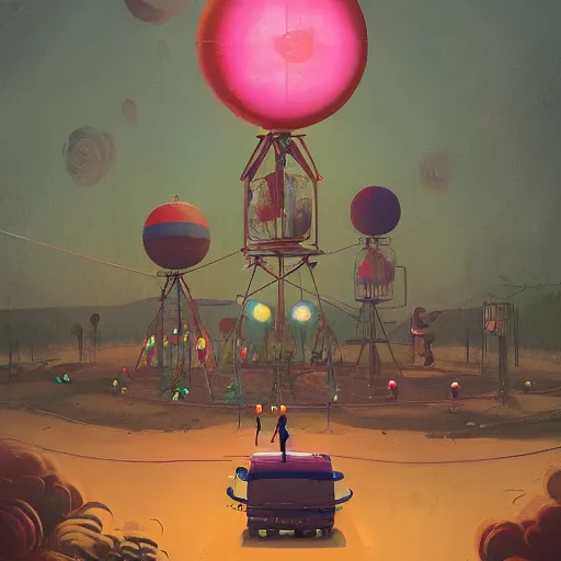 Image similar to A weird circus, by Simon Stålenhag, James Gilleard and Bruce Pennington