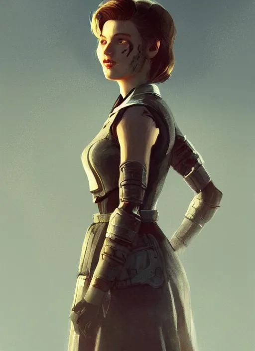 Image similar to portrait of a young woman from fallout 4 wearing a dress, art by ryo shiotani and greg rutkowski, intricate, beautiful, cute, cinematic lighting