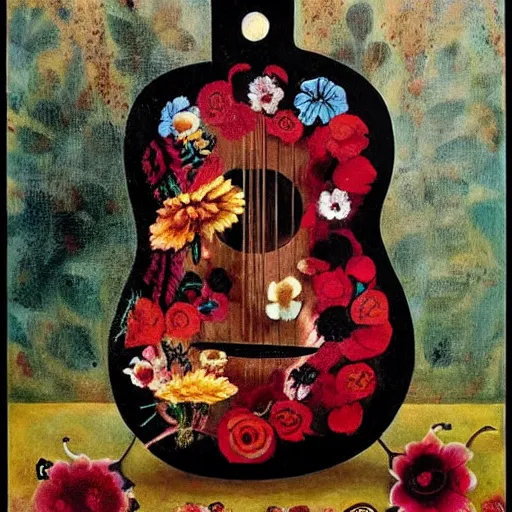 Image similar to guitar made out of human skin decaying with flowers in a frida kahlo painting style