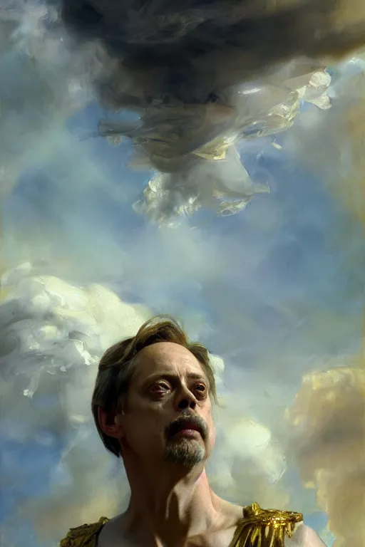 Image similar to beautiful detailed expressive impressionistic oil painting portrait of ancient roman god emperor steve buscemi ascending into the clouds wearing the civic crown, renaissance painting, art by anders zorn, wonderful masterpiece by greg rutkowski, expressive brush strokes, beautiful cinematic light, american romanticism by greg manchess, jessica rossier