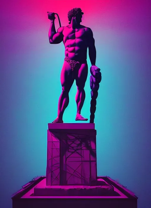 Image similar to statue of hercules, beeple, android jones, ( ( ( ( ( dan mumford ) ) ) ) ), vaporwave, retrowave, black background, neon wiring, black, glitch, strong contrast, cuts, pinterest, trending on artstation