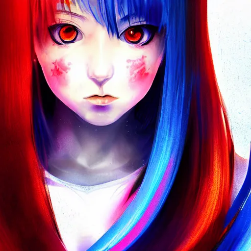 Image similar to advanced digital portrait painting photograph, a teenage anime girl wearing a dress made out of blue fire , full body, very long black/red hair, one yellow and one blue eye, intense stare, cinematic lighting, medium shot, MCU, very high details, trending on artstation, CSP, Photoshop, WLOP, Rossdraws, James Jean, Andrei Riabovitchev, Marc Simonetti, Anastasia Ovchinnikova, BEN MAIER and Sakimichan