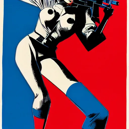 Image similar to noir femme fatale with a gun, rudolph belarski, robert mcginnis, german expressionism, blue red highlighter risograph, 8 k highly detailed