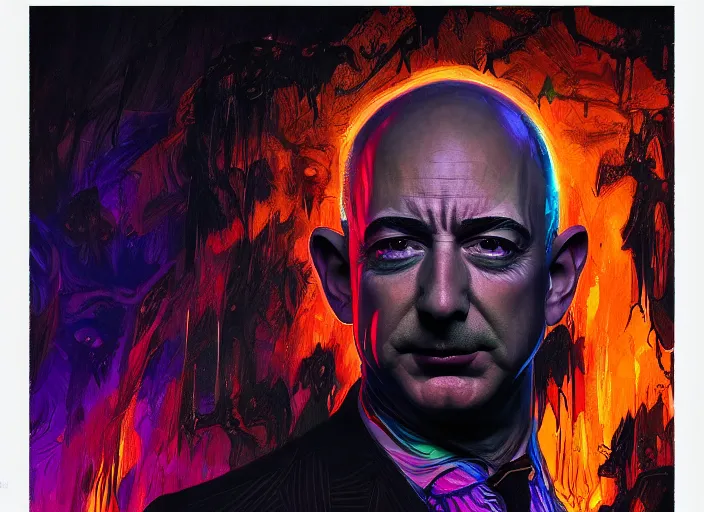 Prompt: A psychedelic portrait of evil demonic jeff bezos crying tears of black ink, vibrant color scheme, highly detailed, in the style of romanticism, cinematic, artstation, Moebius, Greg rutkowski