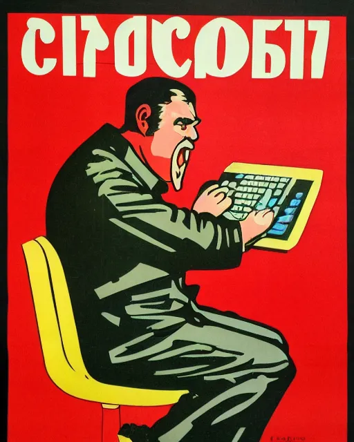 Image similar to soviet propaganda poster of an angry communist developer yelling at his computer