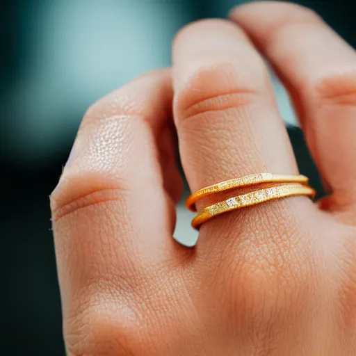 Image similar to super detailed studio photo of golden ring on female finger on female hand, macro