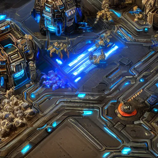 Image similar to a starcraft 2 map in cyberpunk, sky view 4k detailed, beautiful, concept render