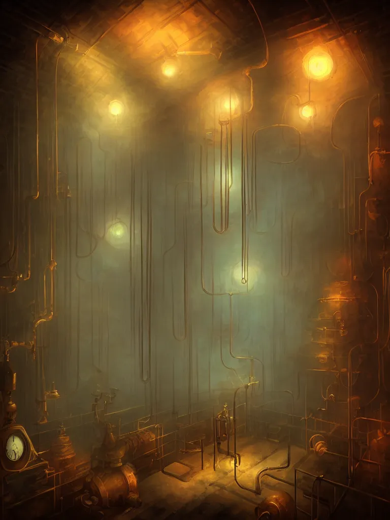 Prompt: inside a steampunk steam room with pipes and clocks, misty steam by Anato Finnstark, artstation behance