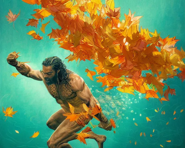 Image similar to highly detailed pastel colors painting of aquaman sneezing, warm glow, morphing into a whirlwind of autumn leaves, by hsiao - ron cheng, smooth composition, fine patterns and detail