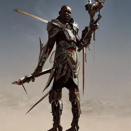 Prompt: a cyborg version of a maasai warrior carrying a futuristic spear and shield ultra realistic, concept art, intricate details, eerie, horror, highly detailed, photorealistic, octane render, 8 k, unreal engine. art by artgerm and greg rutkowski and alphonse mucha