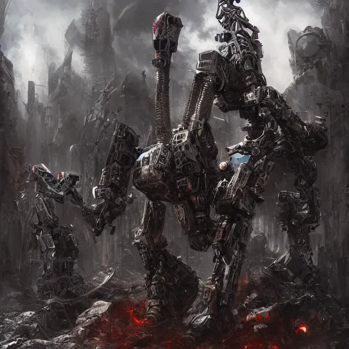 Image similar to human next to mech - warrior, hyper - detailed, sharp focus, 4 k ultra hd, fantasy dark art, apocalyptic art