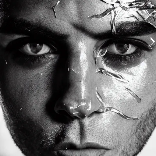 Image similar to a close up portrait of a beautiful athletic young persian male with his face covered in silver leaf , photographed by erwin olaf, artistic