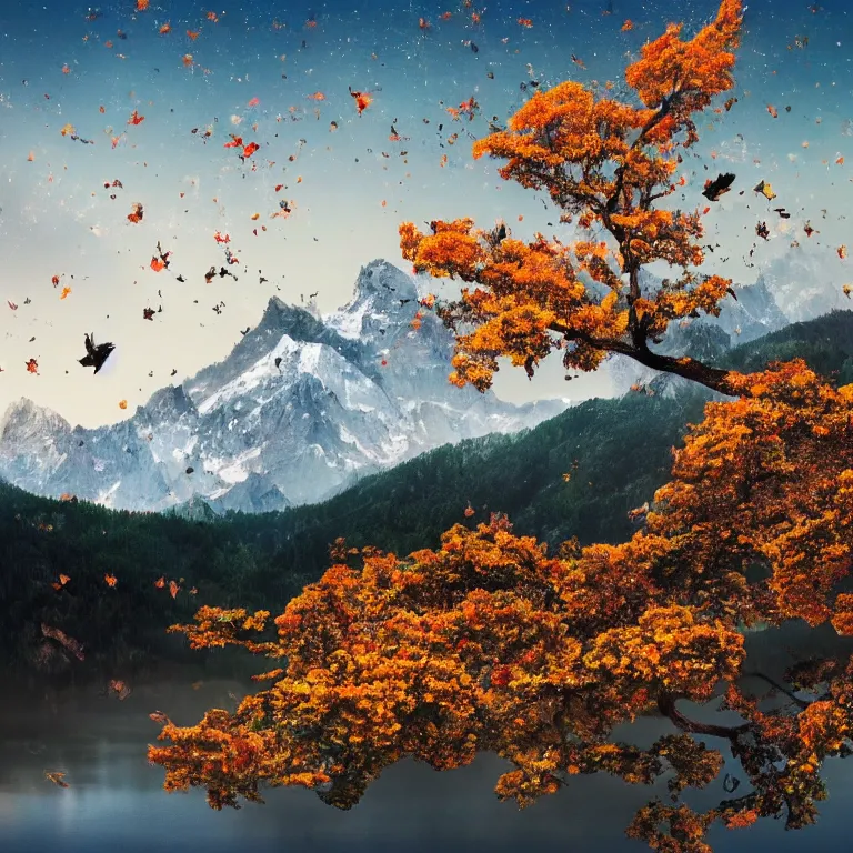 Image similar to a beautiful awesome artistic tree with falling flowers like leaves and many birds, all in the amazing outdoors view, mountain in the background, lake, long exposure, 8 k resolution, trending on artstation