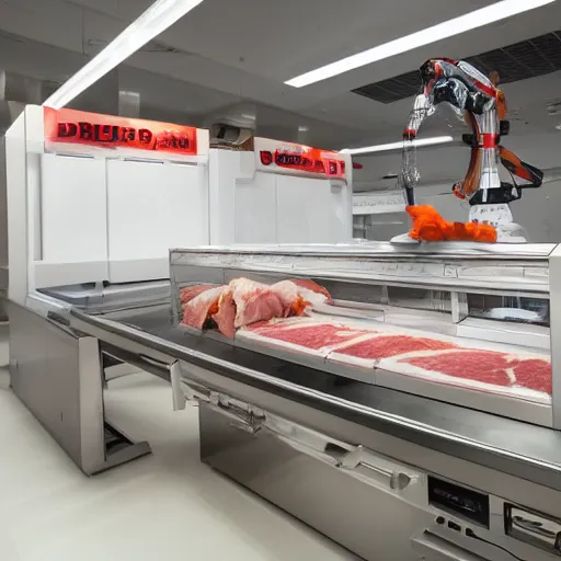 Image similar to butcher shop with robotic kuka robot cutting machines, steel countertops display various cuts of meat, photorealistic, highly detailed