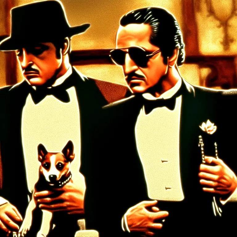 Prompt: cinematic scene screen cap from the godfather with a dog in a suit