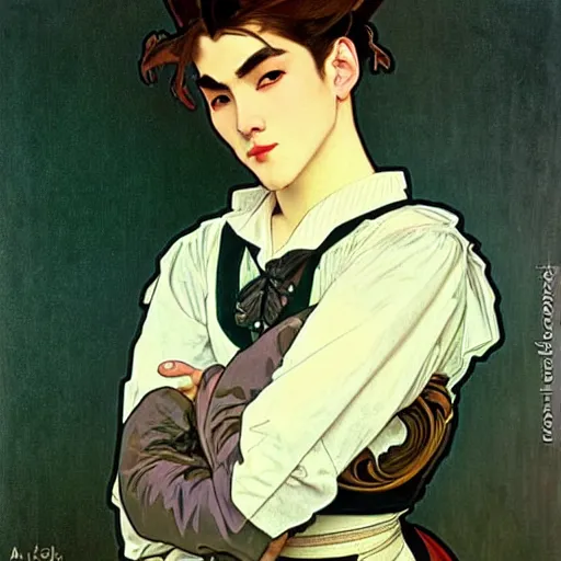 Image similar to full body painting of grumpy handsome thin beautiful young man in his 2 0 s named min - jun in a french female maid outfit, modern clothing, elegant, clear, painting, stylized, sharp facial features, soft but grumpy, highly detailed, art, art by alphonse mucha